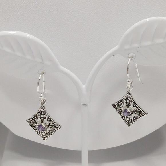 Marcasite Silver Plate Purple Rhinestone Necklace & Earrings, Made in Thailand - Picture 3 of 11